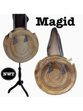 Magid Natural Jute Circle Tote Bag Black White Striped Fabric Handle NWT